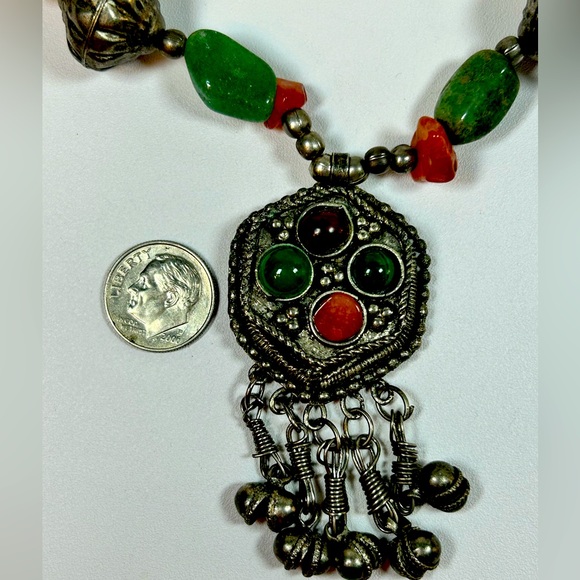 Vintage gemstone coin silver Hand Strung Beaded Necklace Bell Dangles - Picture 2 of 5